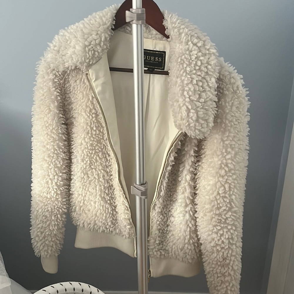 Guess white teddy coat